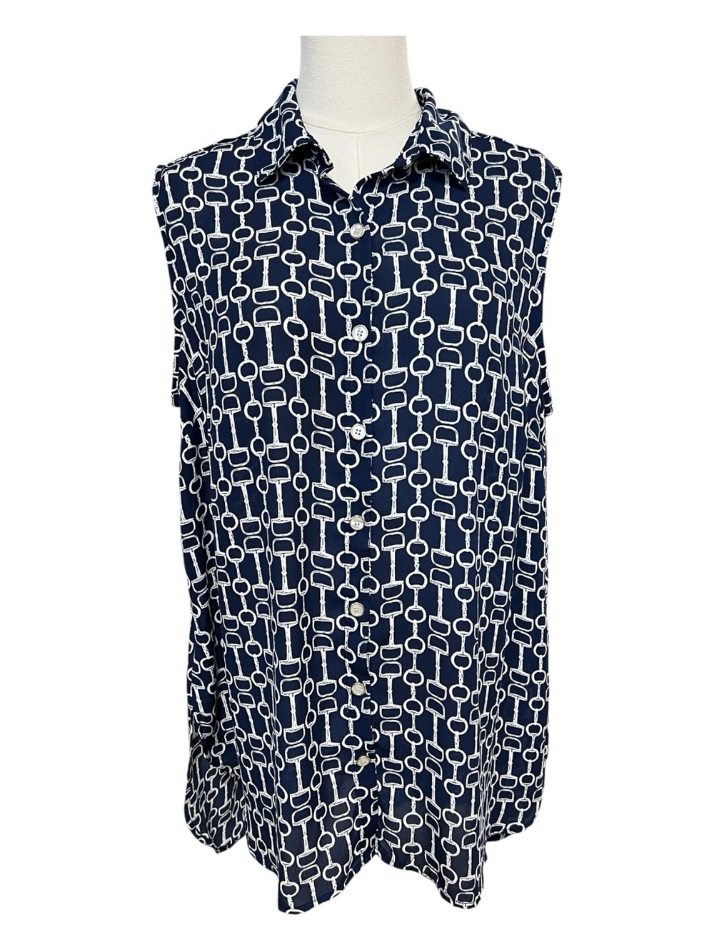 🆕 NWOT Roz & Ali Blue White Horse Bit Print Sleeveless Blouse | Size 1X